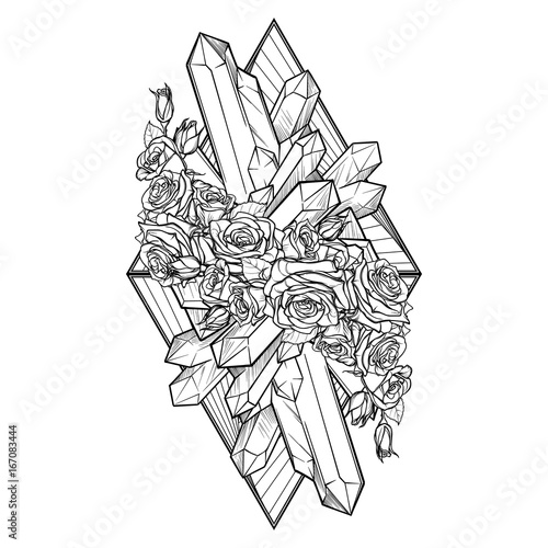 Alchemic Element of Earth sign. Vertical vignette. Down pointing triangles with rose garland and spiky Crystals. Concept design for the tattoo, colouring book or postcard. EPS10 .