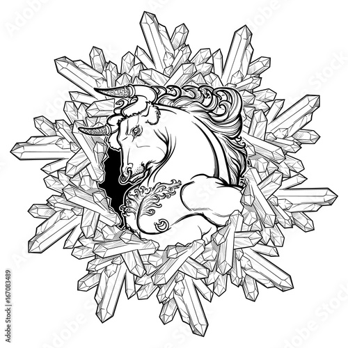 Alchemy element of Earth. Zodiac sign Taurus. Mighty bull in a circular frame of quartz crystals. Vintage art nouveau style concept art for horoscope, tattoo or colouring book