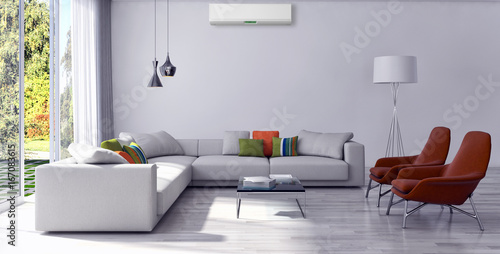 Modern bright living room lounge interior with air conditioning. 3D rendering