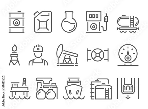 oil and petrol industry objects. icons set of heavy industry, mining resources, tanker and fuel, energy industry. linear pictogram pack. thin line, flat design.