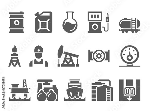 oil and petrol industry objects. icons set of heavy industry, mining resources, tanker and fuel, energy industry.