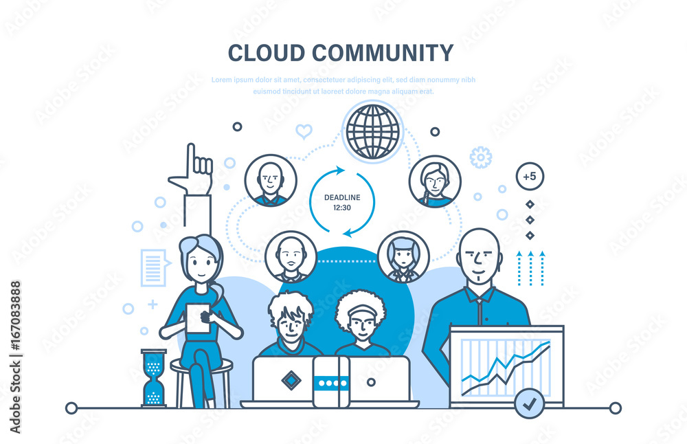 Cloud community, support, communications, information technology, feedback, development of software.