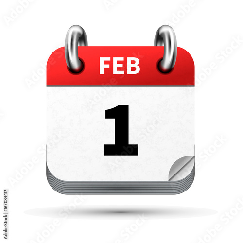 Bright realistic icon of calendar with 1st february date on white