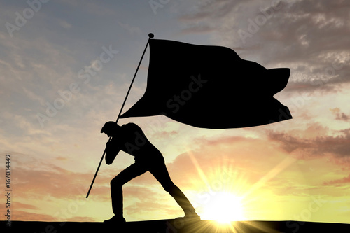A flag being pushed into the ground by a male silhouette. 3D Rendering