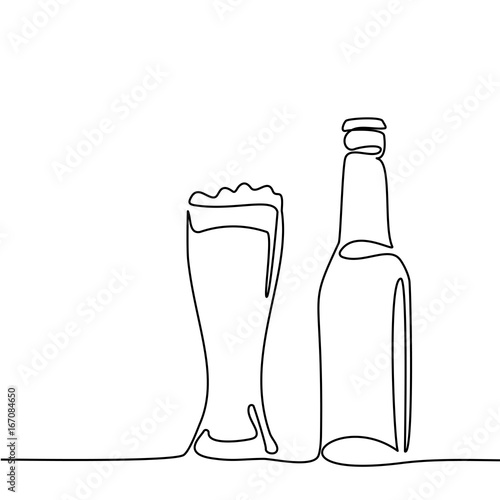 Beer bottle and glass with beer isolated on white background. Continuous line drawing. Vector illustration