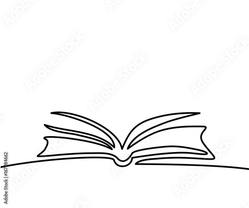 Opened book with pages isolated on white. Continuous line drawing. Vector illustration