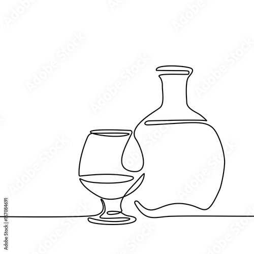 Cognac bottle and glass isolated on white background. Continuous line drawing. Vector illustration
