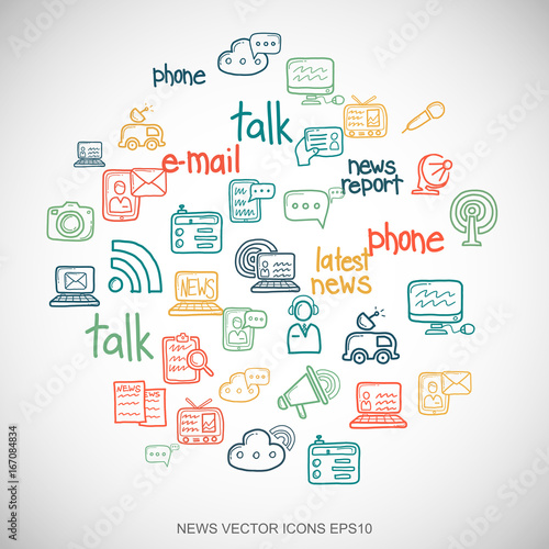 Multicolor doodles Hand Drawn News Icons set on White. EPS10 vector illustration.