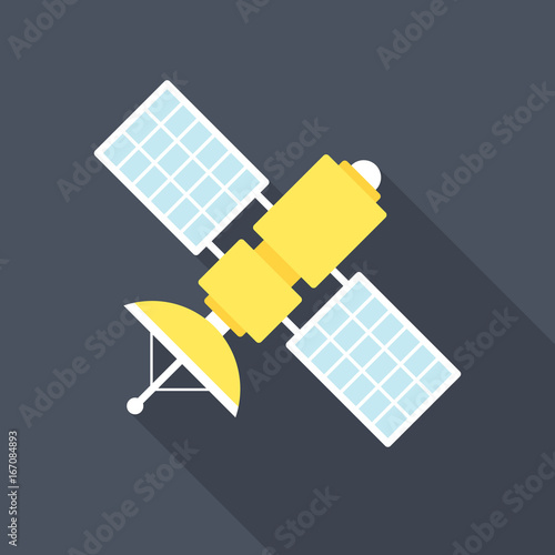 Satellite icon with long shadow. Flat design style. Satellite simple silhouette. Modern, minimalist icon in stylish colors. Web site page and mobile app design vector element.