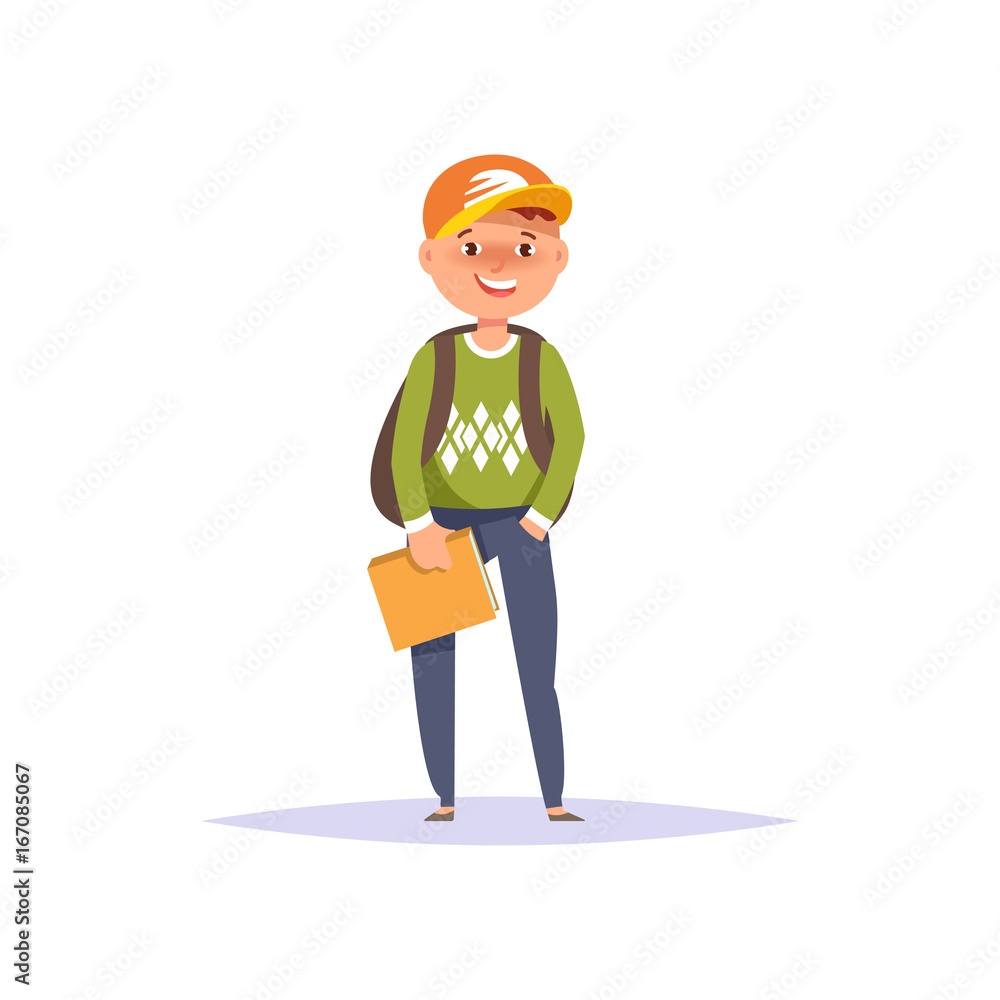 Elementary school boy with textbook and backpack Elementary school boy with textbook and backpack