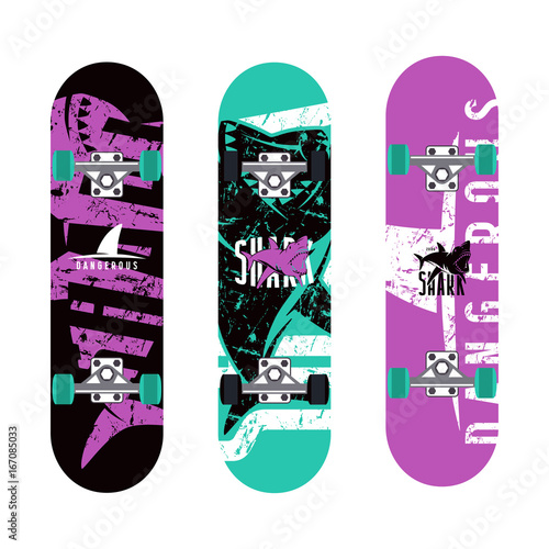 Skateboards graphic design with the image of sharks