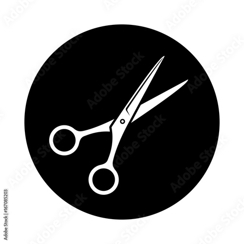 Scissors circle icon. Black, round, minimalist icon isolated on white background. Shears simple silhouette. Web site page and mobile app design vector element.