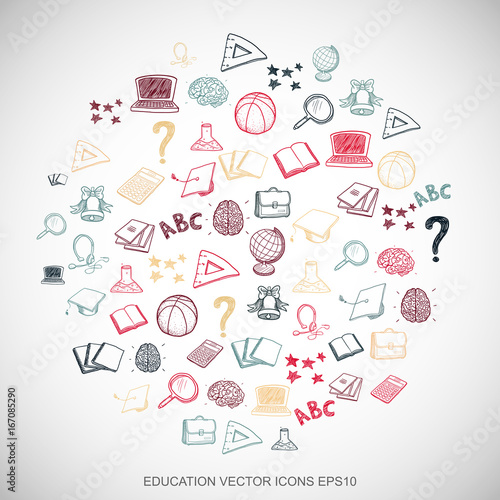 Multicolor doodles Hand Drawn Education Icons set on White. EPS10 vector illustration.