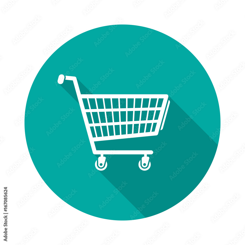 Shopping cart circle icon with long shadow. Flat design style. Shopping cart simple silhouette. Modern, minimalist, round icon in stylish colors. Web site page and mobile app design vector element. Shopping cart circle icon with long shadow. Flat design style. Shopping cart simple silhouette. Modern, minimalist, round icon in stylish colors. Web site page and mobile app design vector element.