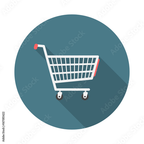 Shopping cart circle icon with long shadow. Flat design style. Shopping cart simple silhouette. Modern, minimalist, round icon in stylish colors. Web site page and mobile app design vector element.