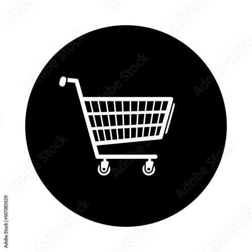 Shopping cart circle icon. Black, round, minimalist icon isolated on white background. Shopping cart simple silhouette. Web site page and mobile app design vector element.