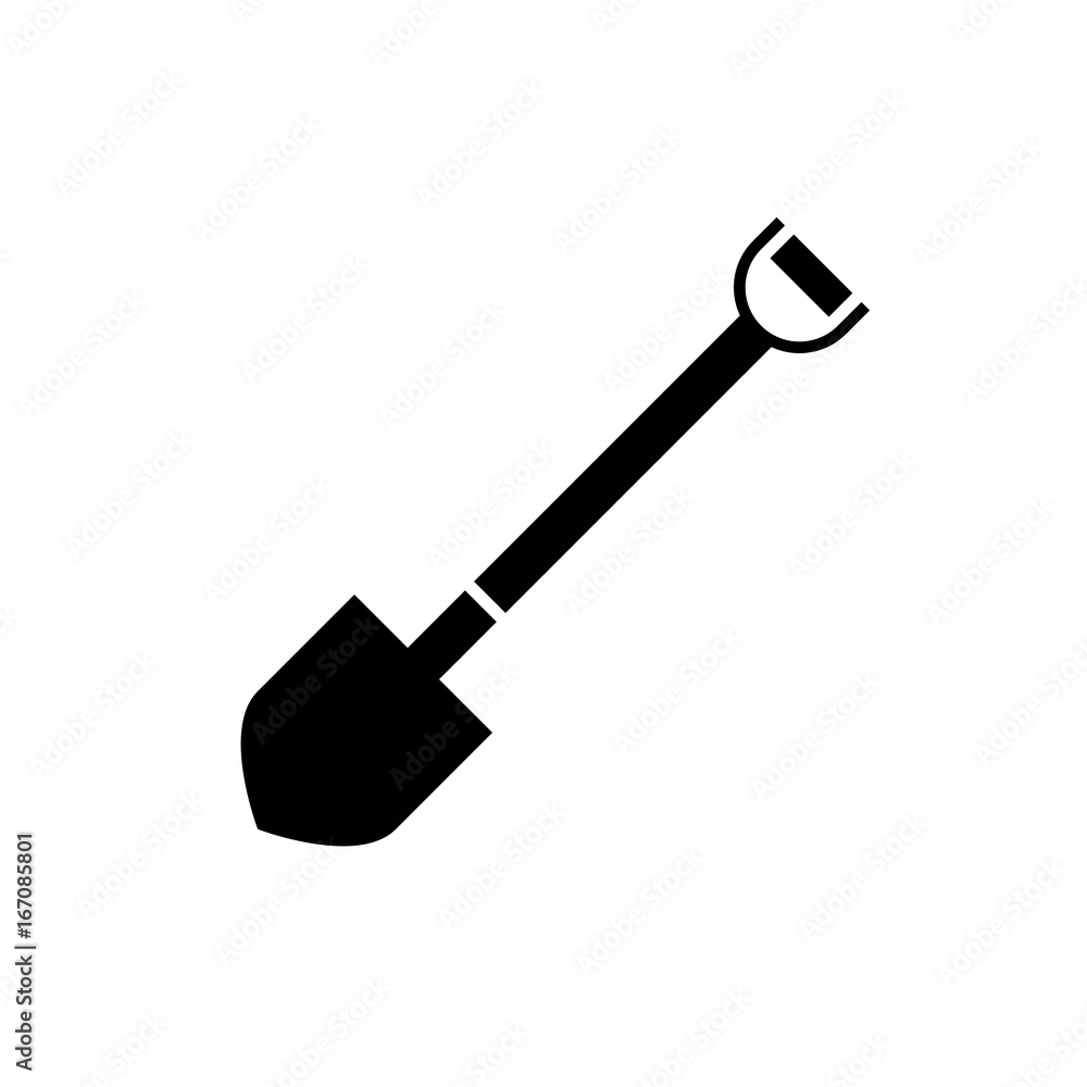 Shovel icon. Black, minimalist icon isolated on white background. Shovel simple silhouette. Web site page and mobile app design vector element.