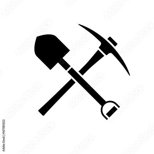 Shovel and pickaxe icon. Black icon isolated on white background. Shovel and pick axe silhouette. Simple icon. Web site page and mobile app design vector element. photo