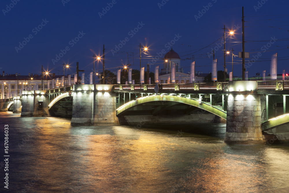 Stock exchange bridge summer night in St. Petersburg, Russia