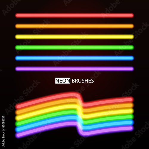 Neon brushes. Vector set of rainbow glowing lines