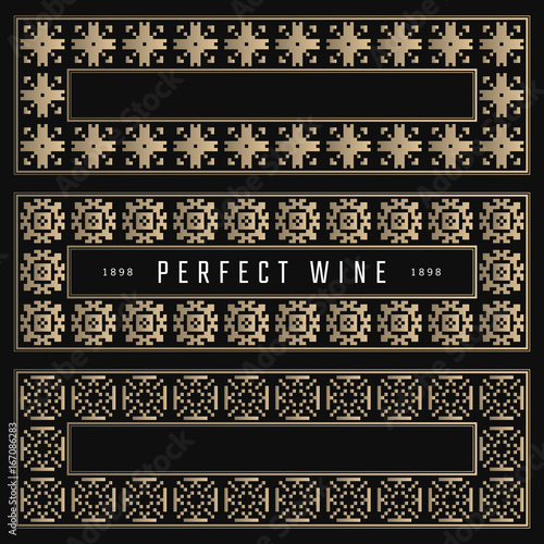 Golden frames in luxury style. For wine packaging design. Black and gold background. Pixel tiles.