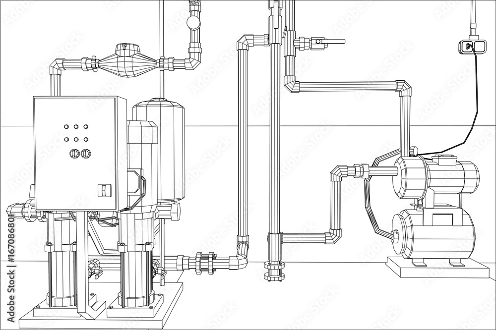 Naklejka premium Water purification station. Industrial equipment. Tracing illustration of 3d.