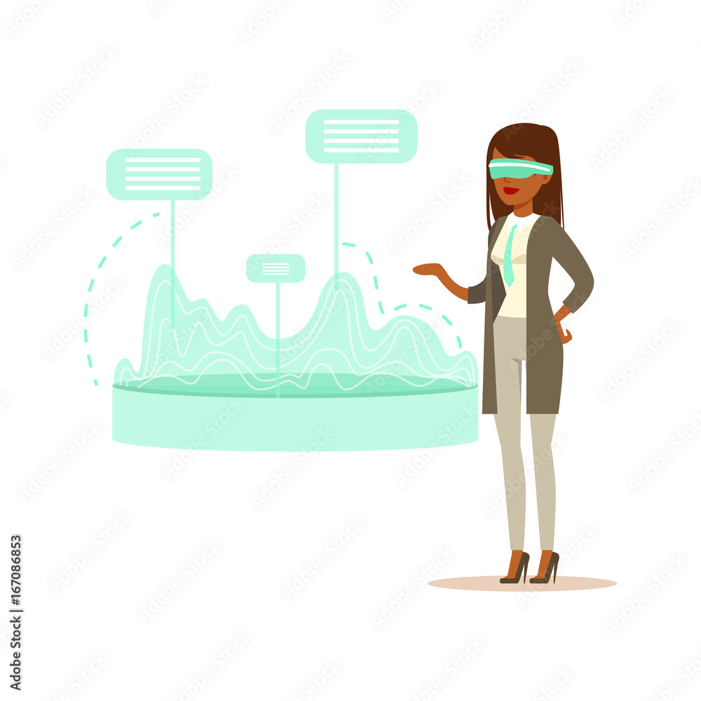 Businesswoman wearing VR headset working in digital simulation, analyzing financial results, future technology concept vector Illustration Businesswoman wearing VR headset working in digital simulation, analyzing financial results, future technology concept vector Illustration