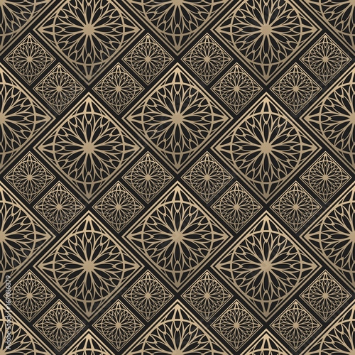 Seamless pattern oriental ornament. Black and golden textile print. Islamic vector design. Floral tiles.