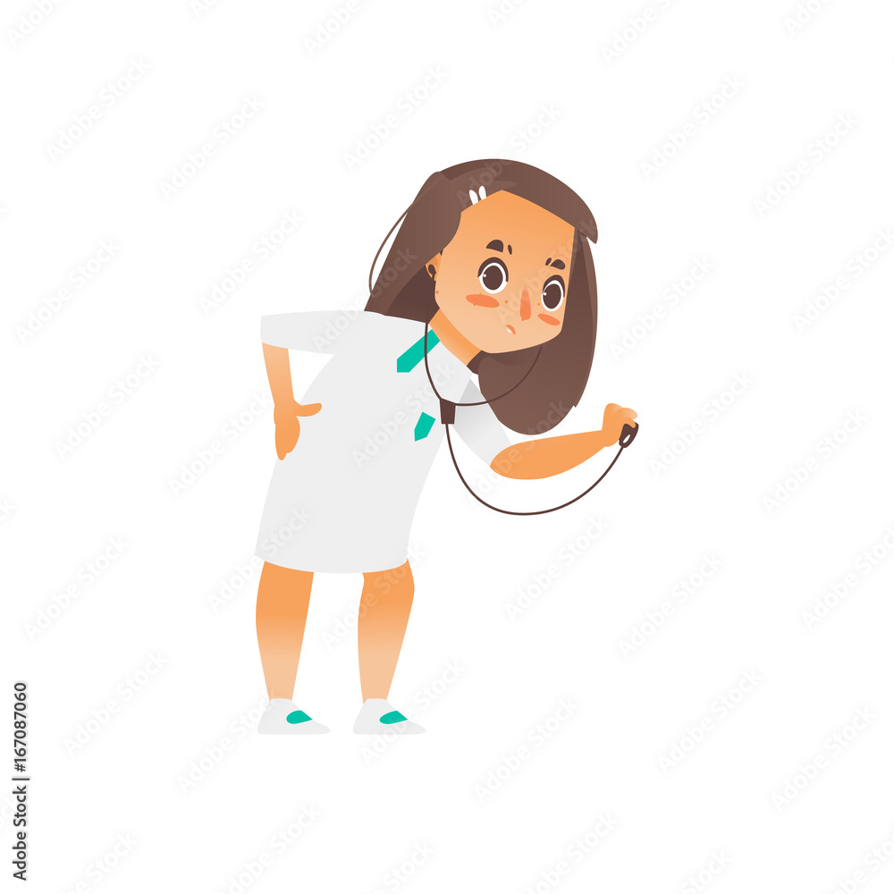 Vector flat cartoon girl doctor holding stethoscope examining somebody's  lungs. Isolated illustration on a white background. Child, kid character in  white medical gown Stock Vector | Adobe Stock