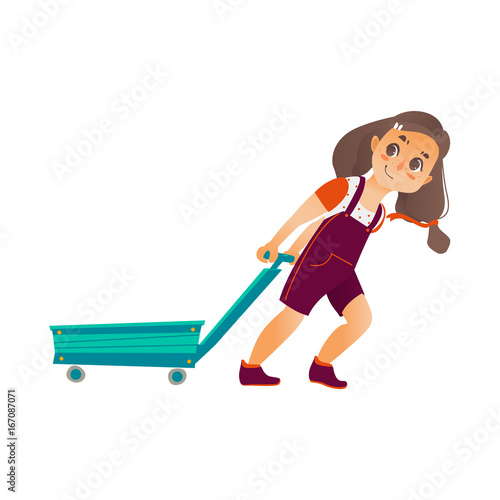 Vector Flat cartoon happy girl pulling empty cart. Isolated illustration on a white background. Child, kid character