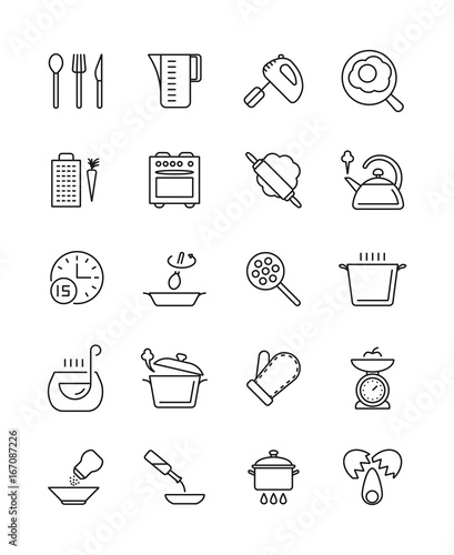 Cooking, food preparation and kitchen tools vector icons