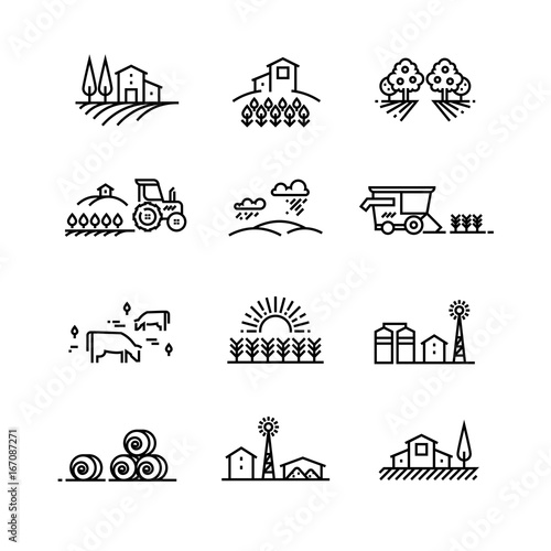 Foto Village line landscapes with agricultural field and farm buildings