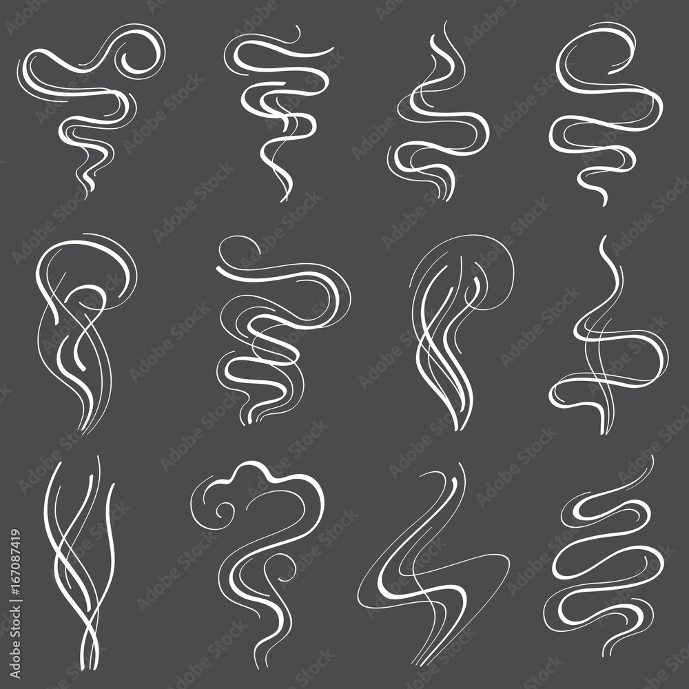Smoke steam vector set. Smell and fumes line icons isolated on white Smoke steam vector set. Smell and fumes line icons isolated on white