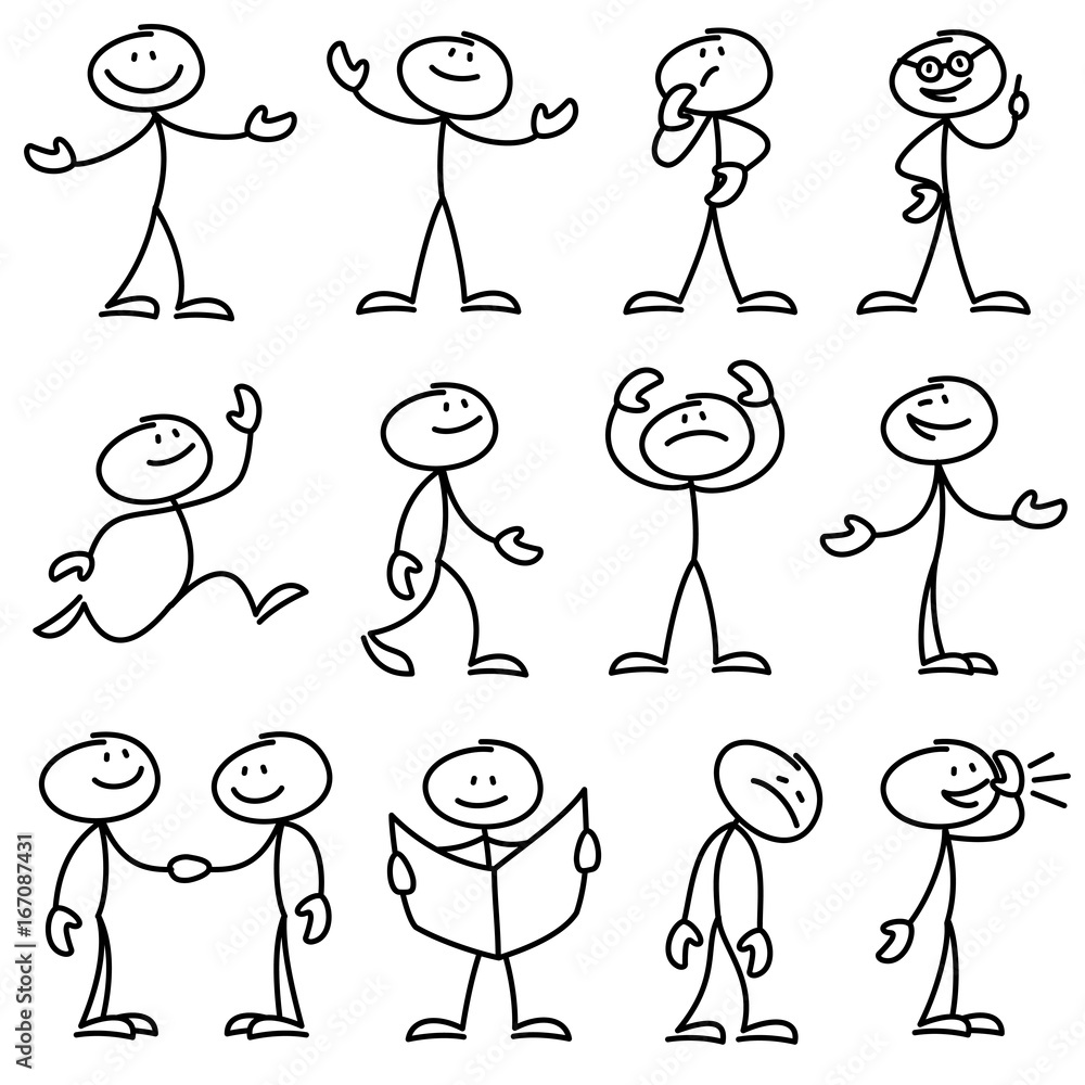 Cartoon hand drawn stick man in different poses vector set - obrazy, fototapety, plakaty 