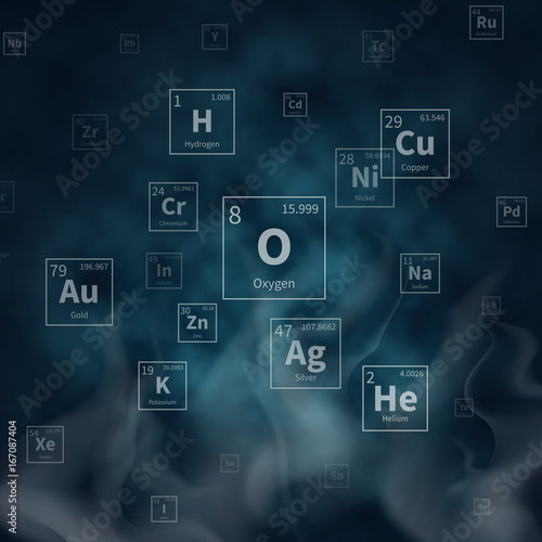 Scientific vector background with chemical elements symbols and white smoke photo