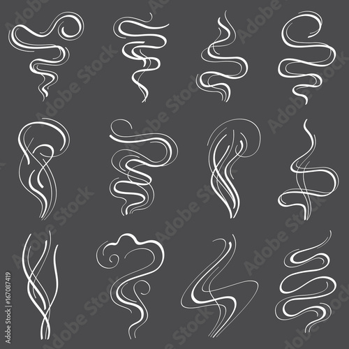 Smoke steam vector set. Smell and fumes line icons isolated on white