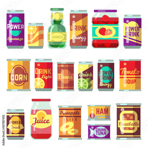 Canned goods vector set. Tinned food, conservation tomato soup and vegetables
