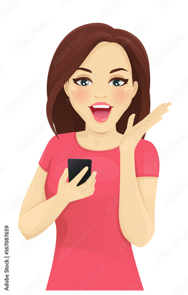 Surprised woman looking at phone vector illustration Surprised woman looking at phone vector illustration