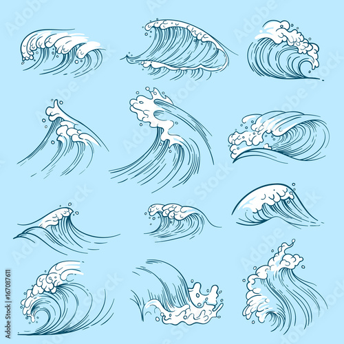 Sketch ocean waves. Hand drawn marine vector tides