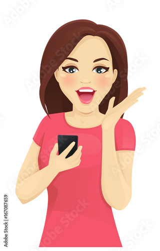 Surprised woman looking at phone vector illustration