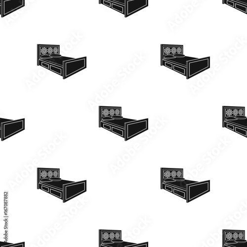 Double bed with red sheets.Bed with brown wooden headboard.Bed single icon in black style vector symbol stock illustration.