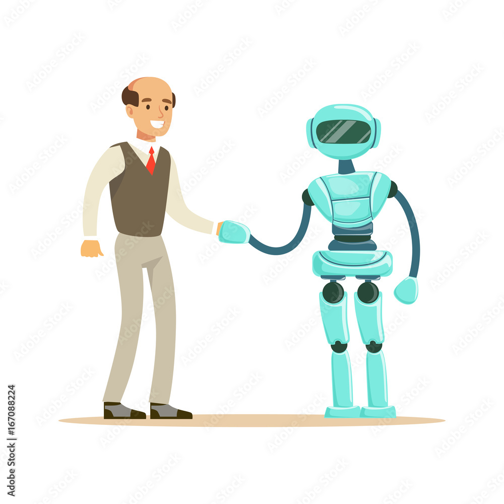 Humanoid robot shaking hand with businessman. future technology concept vector Illustration