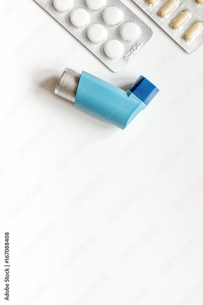 concept asthma and treatment on white background top view concept asthma and treatment on white background top view