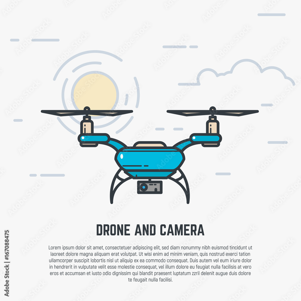 hun er prototype Plateau Quadcopter flying in sky. Drone with camera. Flat style line modern vector  illustration with retro colors. Stock Vector | Adobe Stock