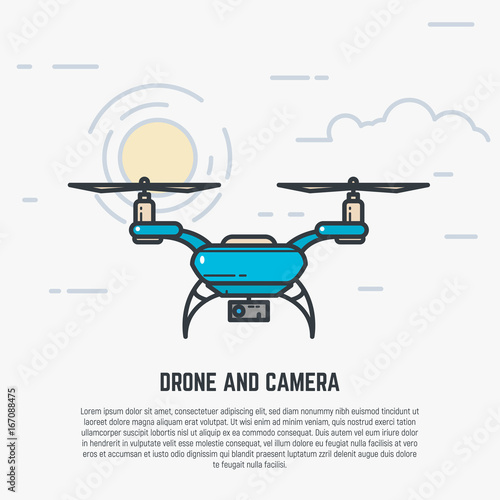 Quadcopter flying in sky. Drone with camera. Flat style line modern vector illustration with retro colors.