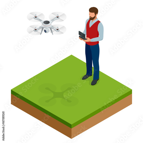 Isometric man with drone quadrocopter, Remote aerial drone with a camera taking photography or video recording. game sevremennaya, isometrics businessman. On a light background. Vector illustration.