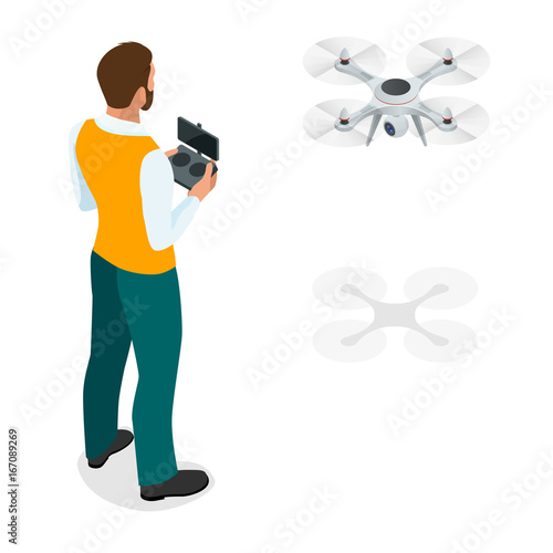Isometric man with drone quadrocopter, Remote aerial drone with a camera taking photography or video recording. game sevremennaya, isometrics businessman. On a light background. Vector illustration.