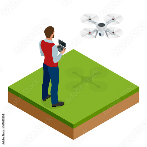 Isometric man with drone quadrocopter, Remote aerial drone with a camera taking photography or video recording. game sevremennaya, isometrics businessman. On a light background. Vector illustration.