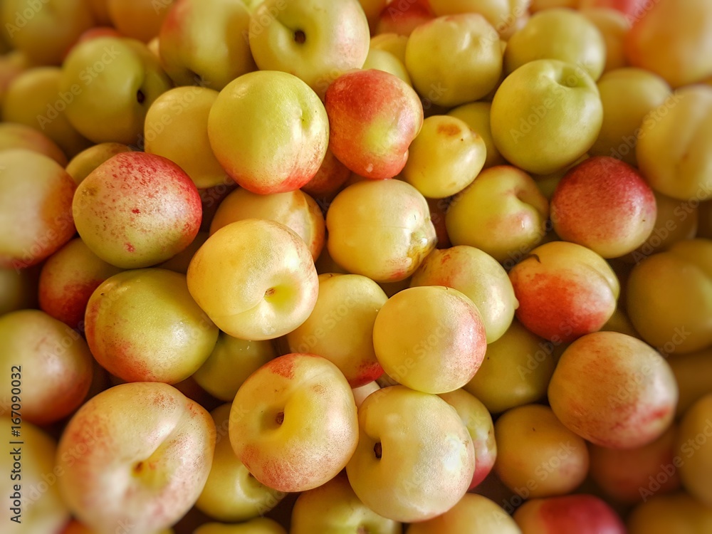 pile of many delicious yellow and red plums pile of many delicious yellow and red plums