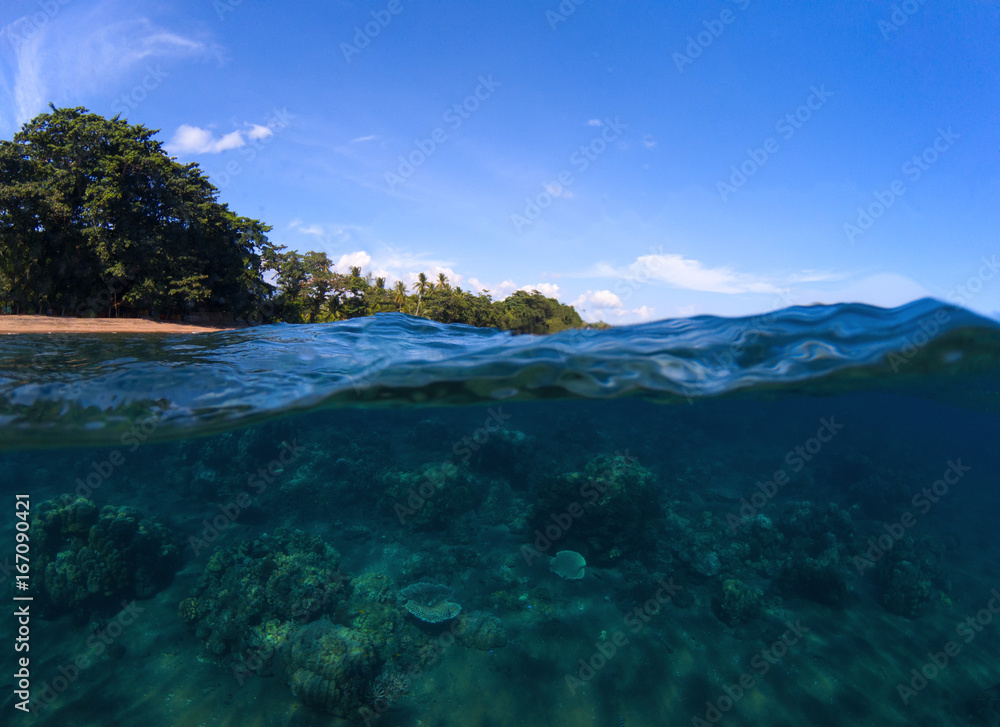 Double landscape with sea and sky. Sea panorama split photo. Undersea view of tropical island seashore.